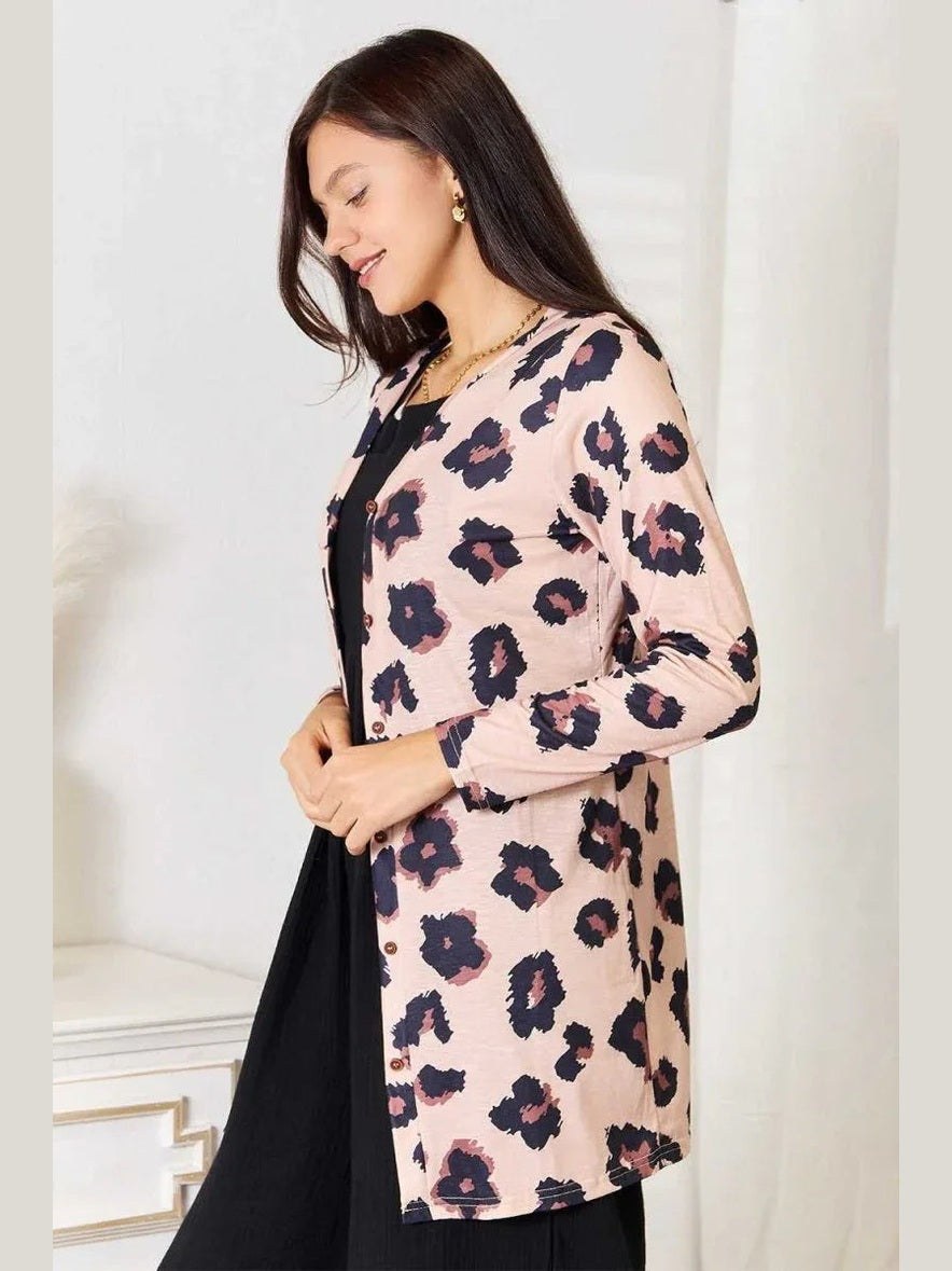 Double Take Printed Button Front Longline Cardigan -- 