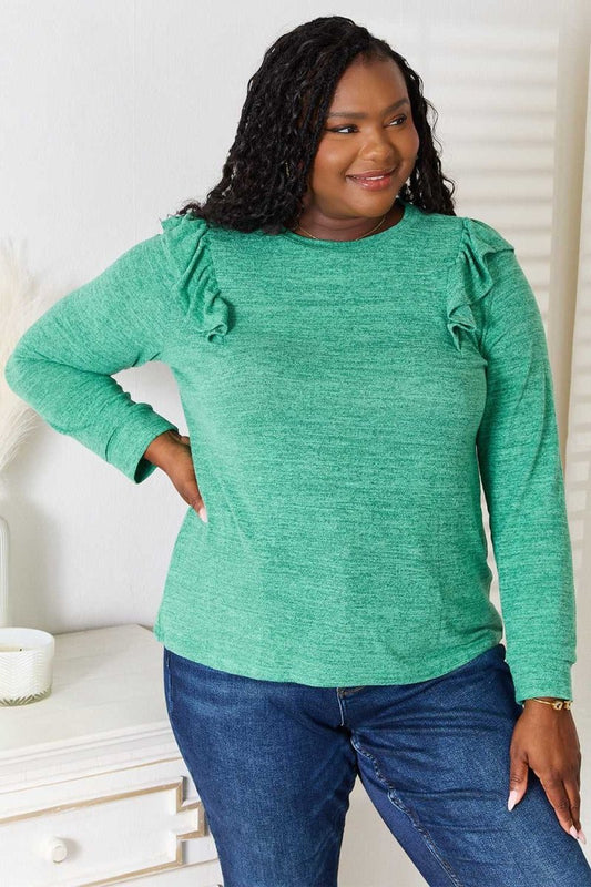 Double Take Ruffle Shoulder Long Sleeve T-Shirt - Hopeford Streams