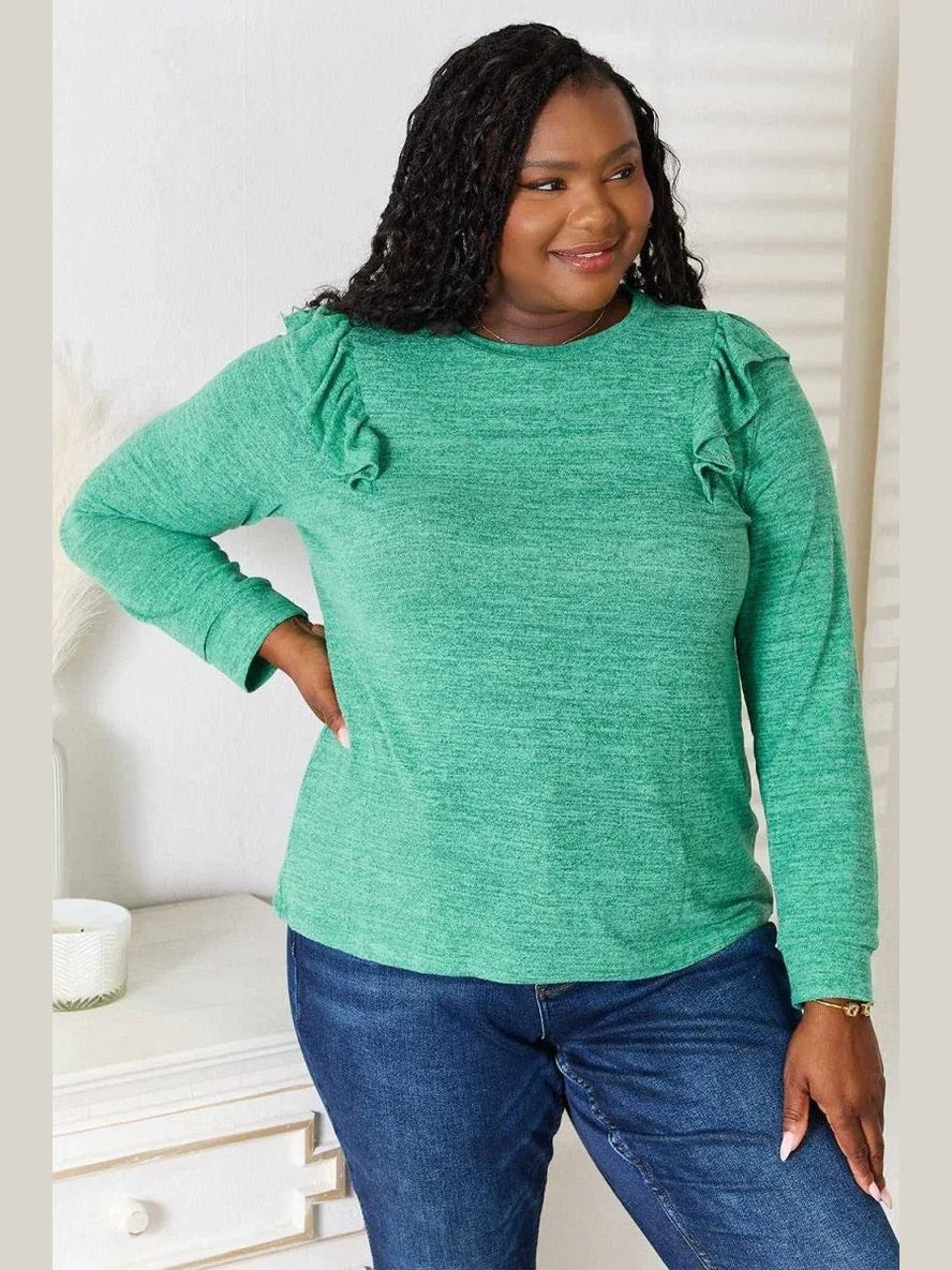 Double Take Ruffle Shoulder Long Sleeve T-Shirt -- 