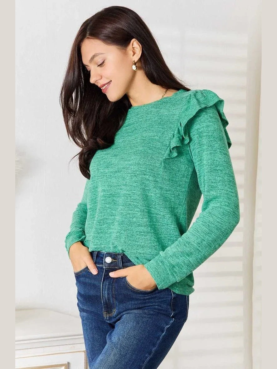 Double Take Ruffle Shoulder Long Sleeve T-Shirt -- 