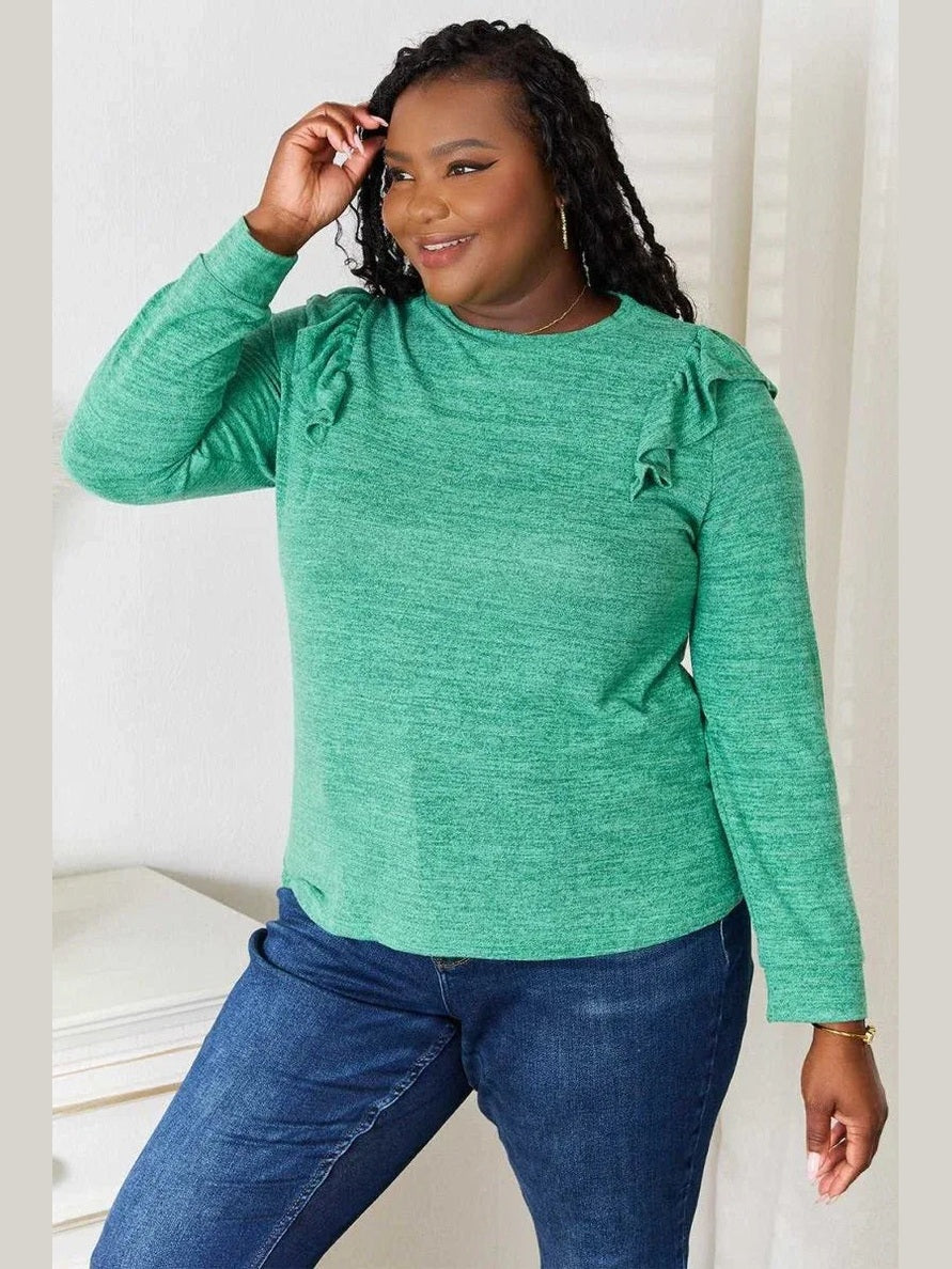 Double Take Ruffle Shoulder Long Sleeve T-Shirt -- 