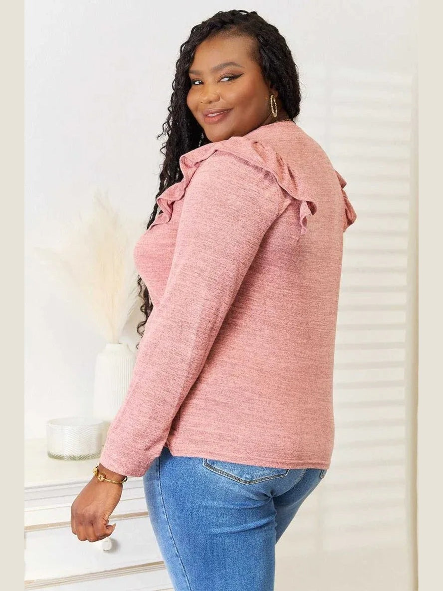 Double Take Ruffle Shoulder Long Sleeve T-Shirt -- 