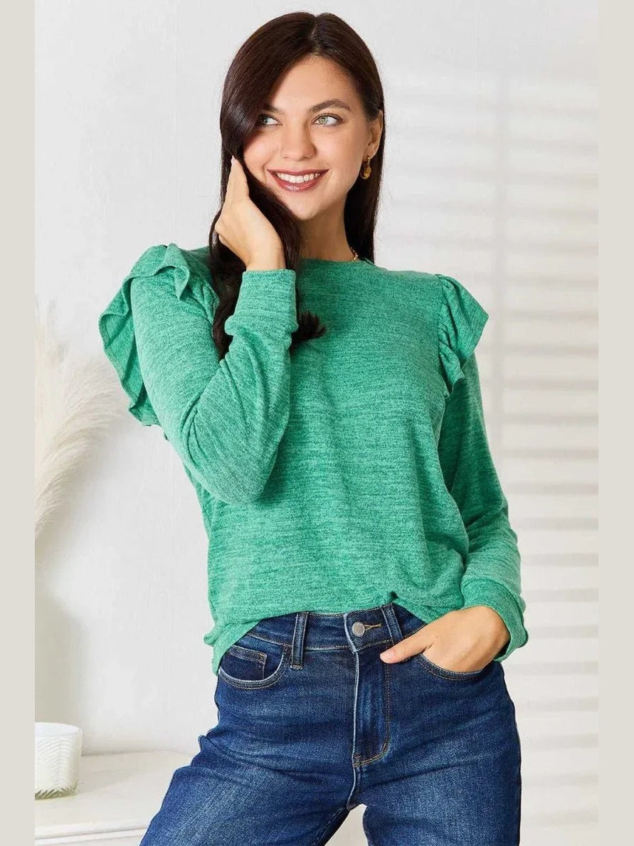 Double Take Ruffle Shoulder Long Sleeve T-Shirt -- 