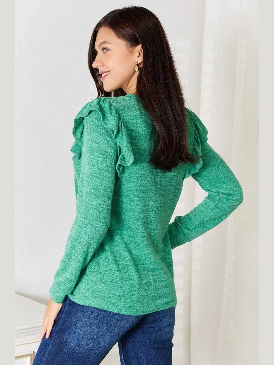 Double Take Ruffle Shoulder Long Sleeve T-Shirt -- 