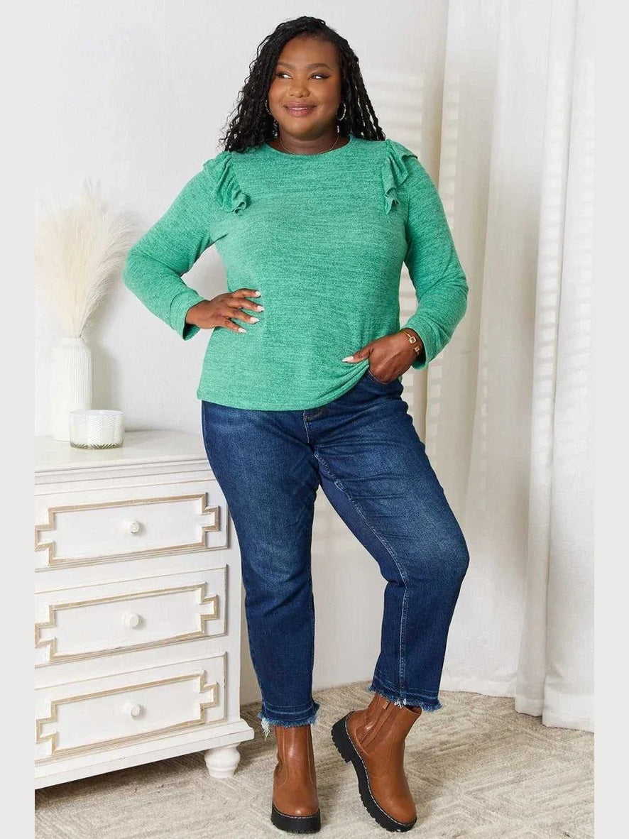 Double Take Ruffle Shoulder Long Sleeve T-Shirt -- 