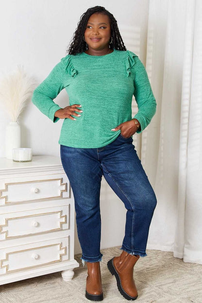 Double Take Ruffle Shoulder Long Sleeve T-Shirt - Hopeford Streams