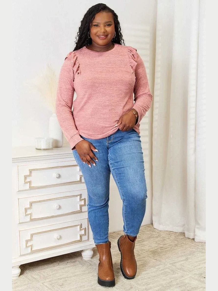 Double Take Ruffle Shoulder Long Sleeve T-Shirt -- 