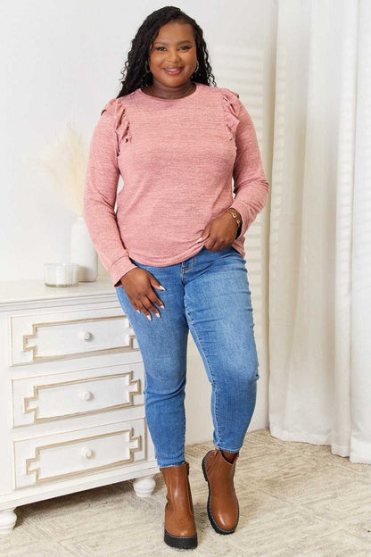 Double Take Ruffle Shoulder Long Sleeve T-Shirt - Hopeford Streams