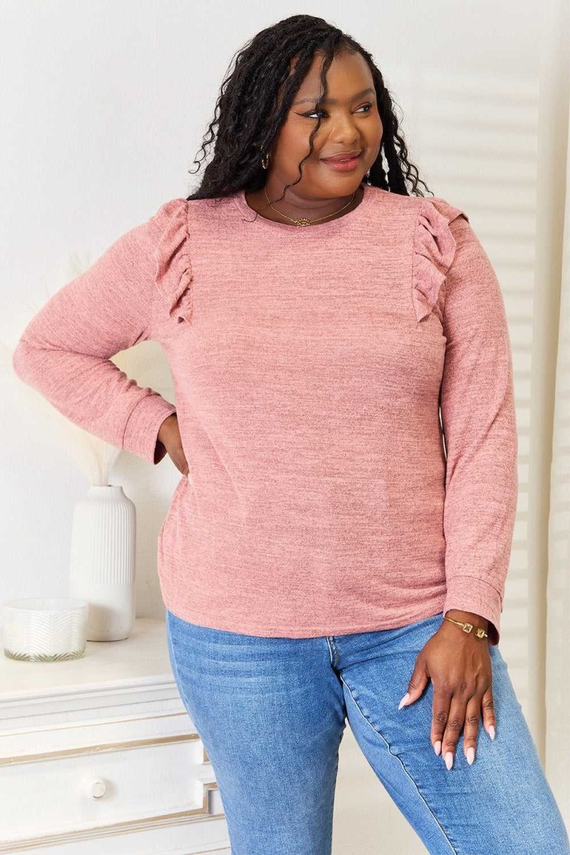 Double Take Ruffle Shoulder Long Sleeve T-Shirt - Hopeford Streams