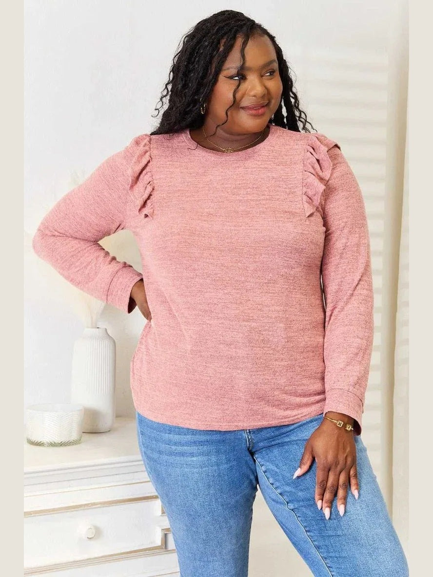 Double Take Ruffle Shoulder Long Sleeve T-Shirt -- 
