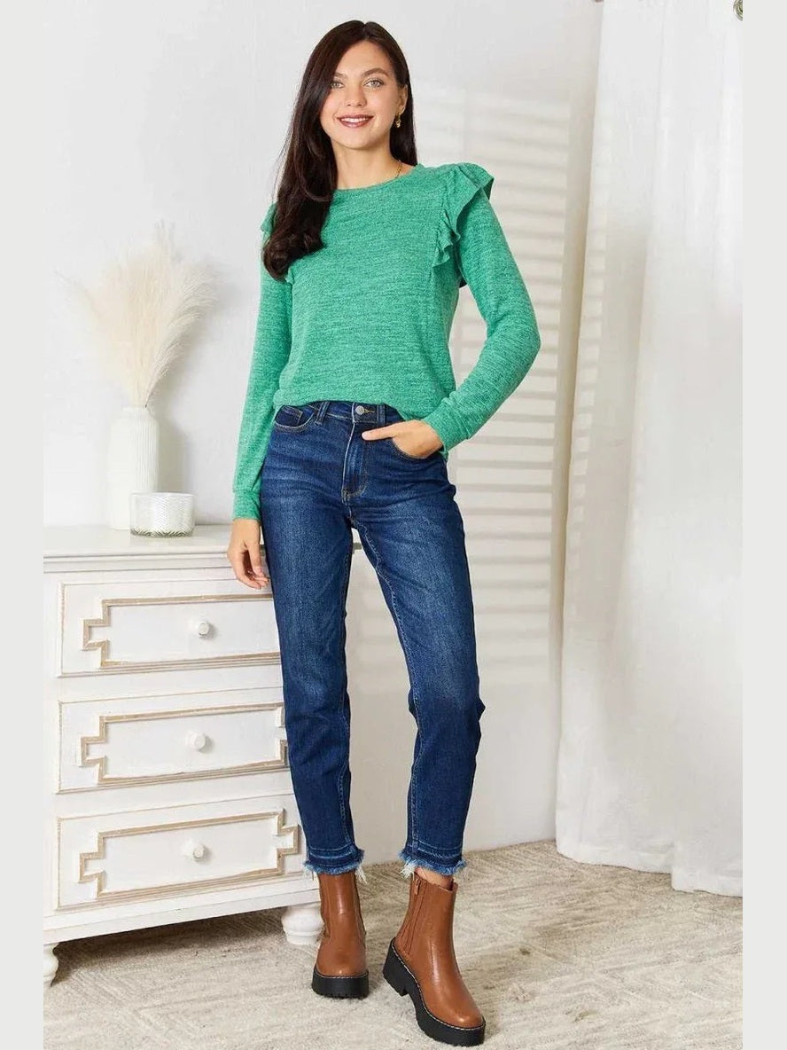 Double Take Ruffle Shoulder Long Sleeve T-Shirt -- 