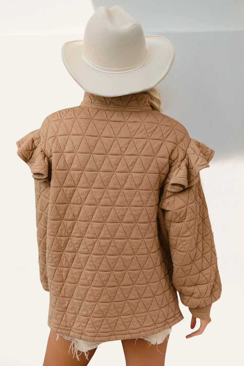 Double Take Ruffled Texture Half Zip Long Sleeve Sweatshirt - Hopeford Streams