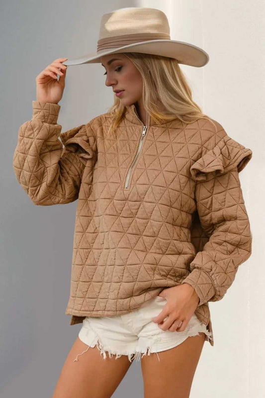 Double Take Ruffled Texture Half Zip Long Sleeve Sweatshirt - Hopeford Streams