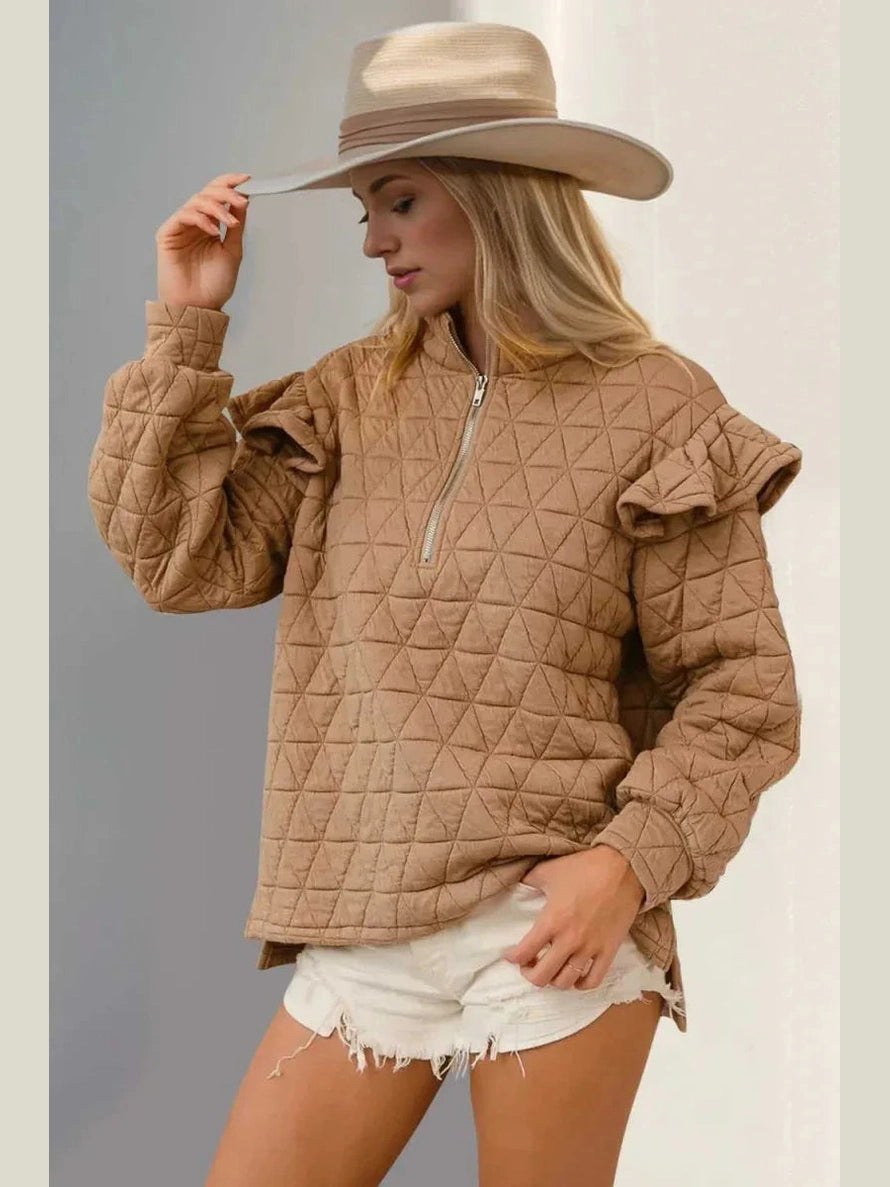 Double Take Ruffled Texture Half Zip Long Sleeve Sweatshirt -- 