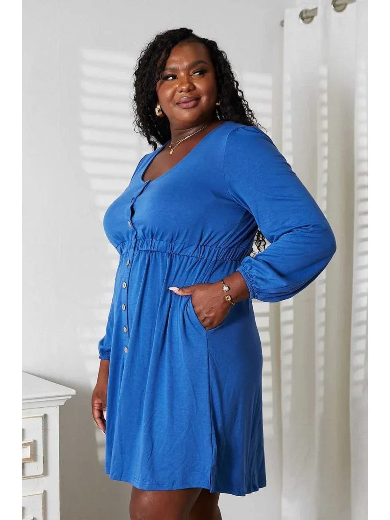 Double Take Scoop Neck Empire Waist Long Sleeve Magic Dress -- 