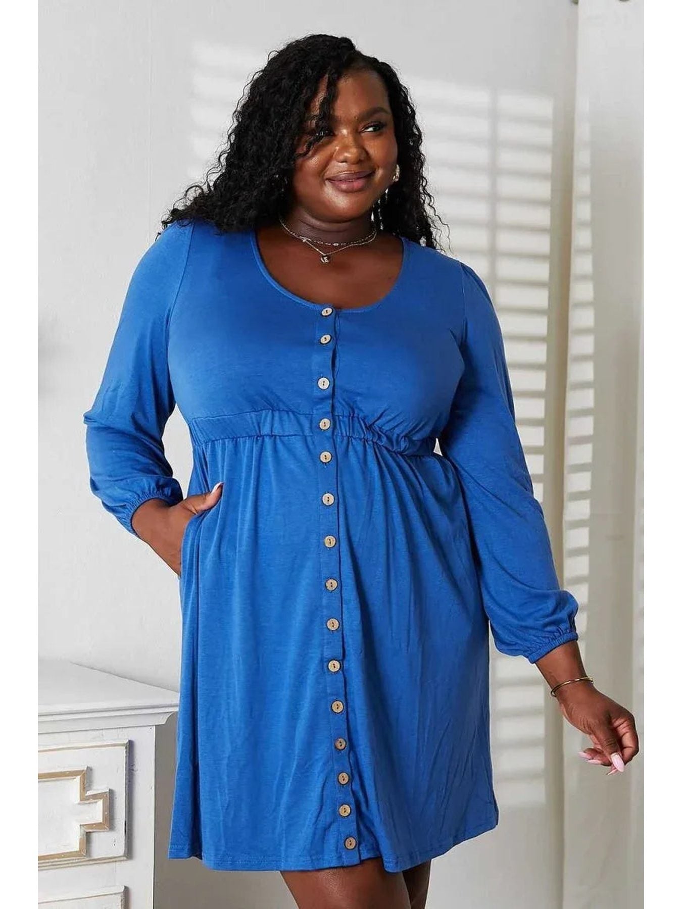 Double Take Scoop Neck Empire Waist Long Sleeve Magic Dress -- 