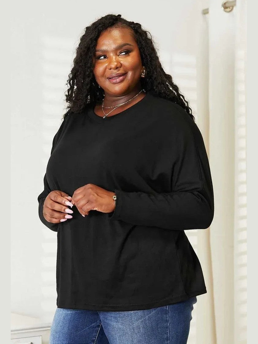 Double Take Seam Detail Round Neck Long Sleeve Top -- 