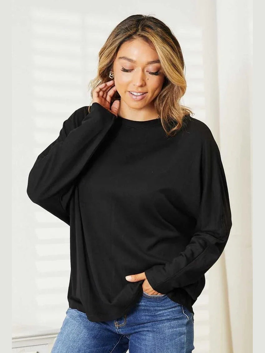 Double Take Seam Detail Round Neck Long Sleeve Top -- 
