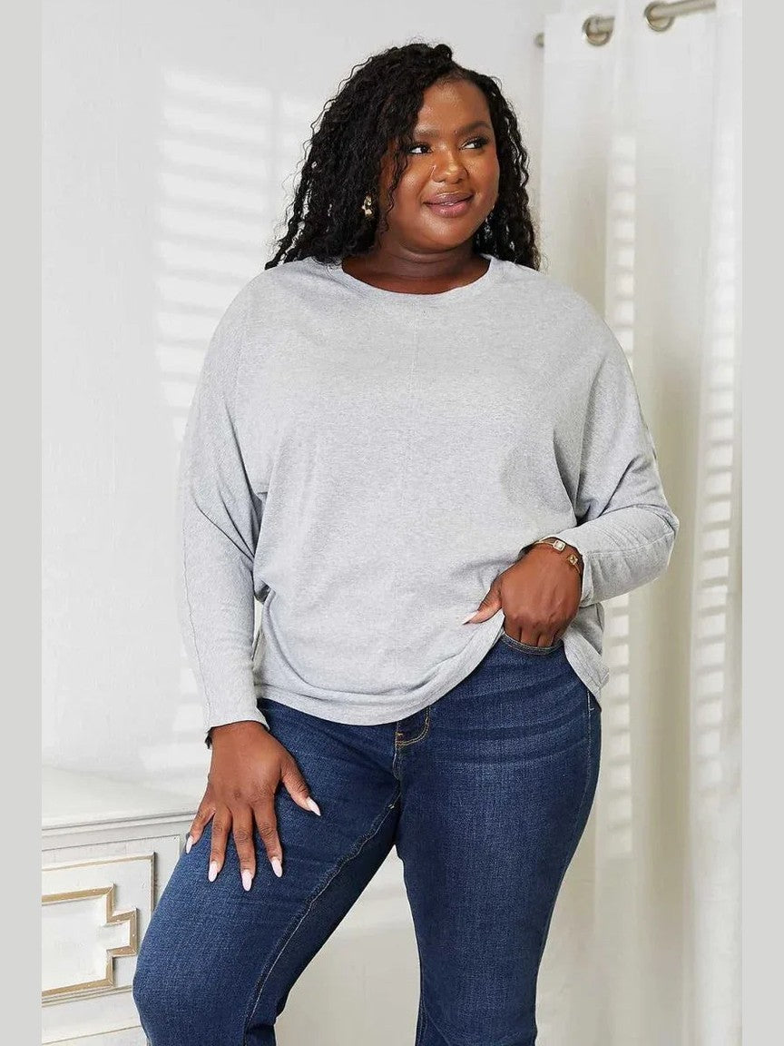 Double Take Seam Detail Round Neck Long Sleeve Top -- 