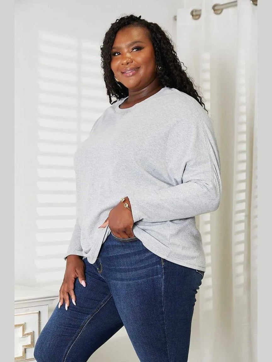 Double Take Seam Detail Round Neck Long Sleeve Top -- 