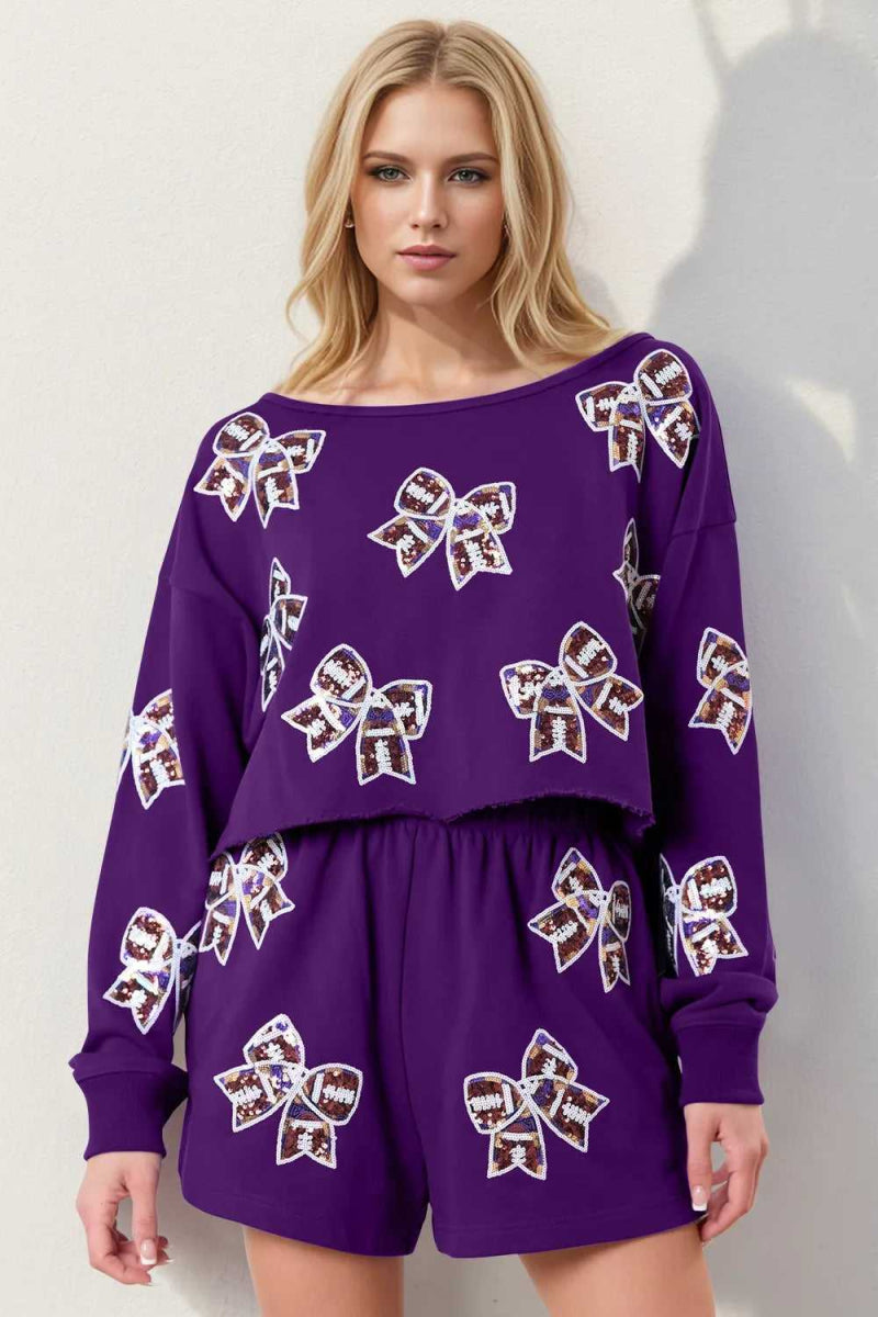 Double Take Sequin Bow Cropped Top and Shorts Set - Hopeford Streams