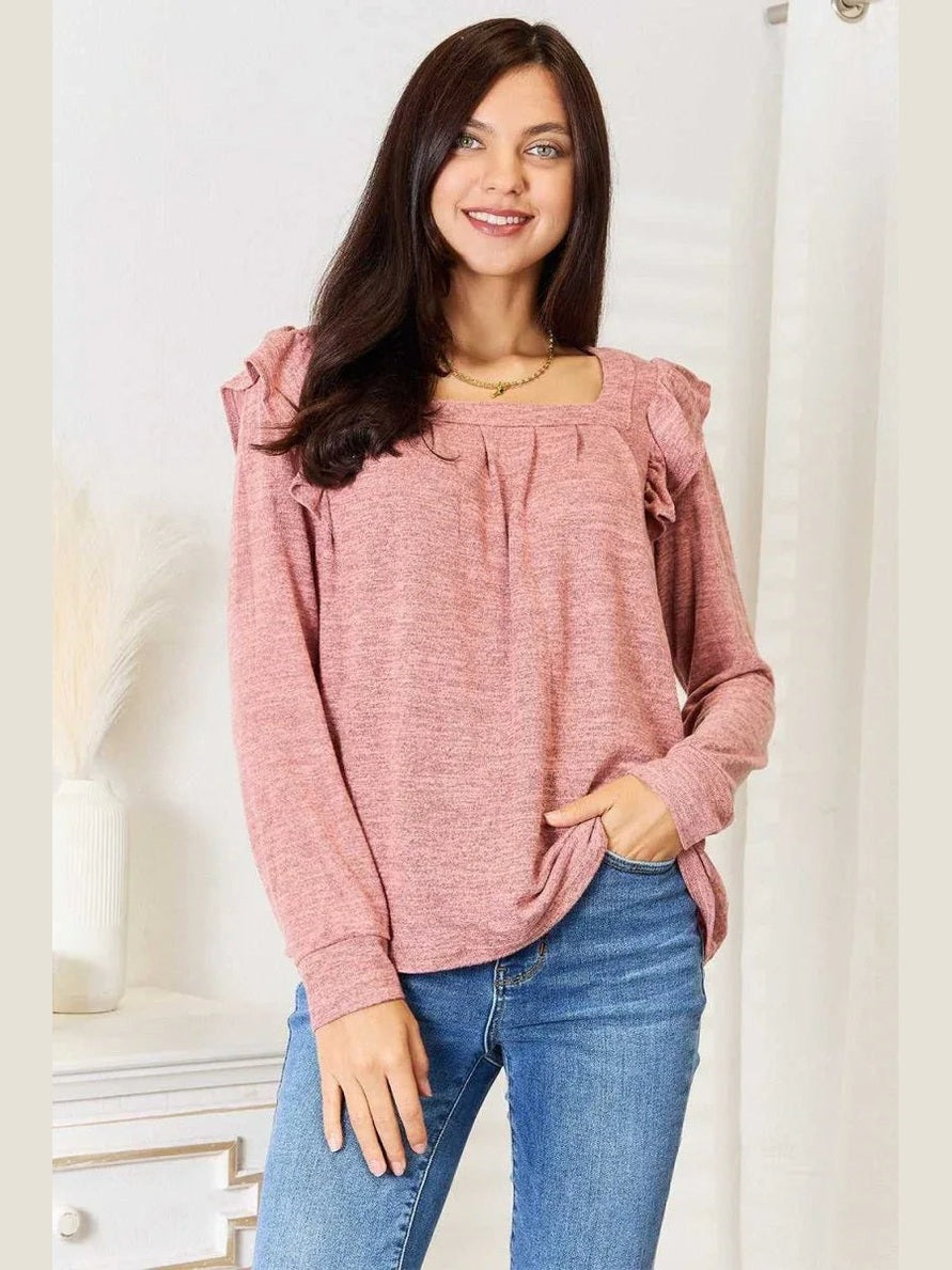 Double Take Square Neck Ruffle Shoulder Long Sleeve T-Shirt -- 
