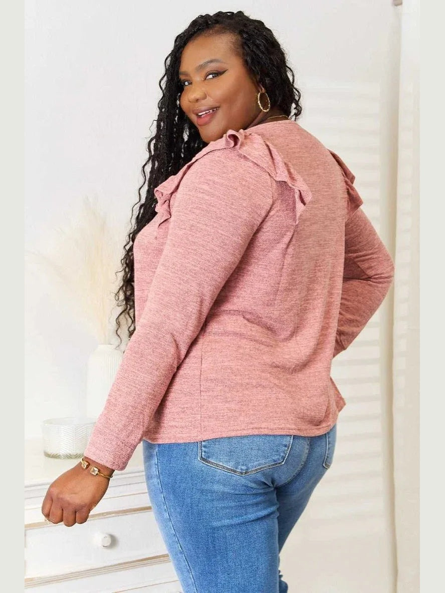 Double Take Square Neck Ruffle Shoulder Long Sleeve T-Shirt -- 
