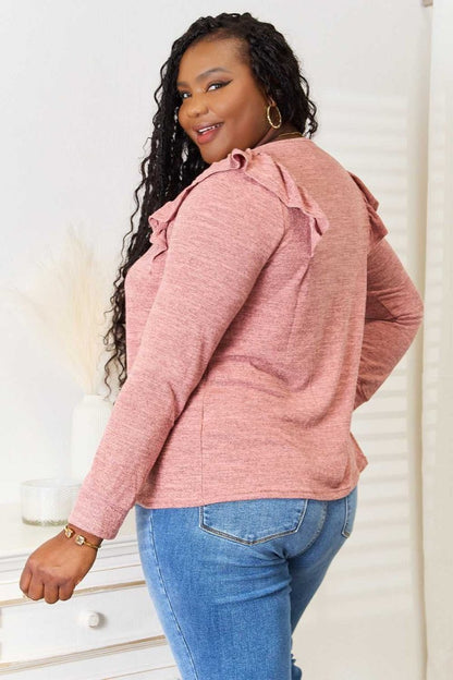 Double Take Square Neck Ruffle Shoulder Long Sleeve T-Shirt - Hopeford Streams