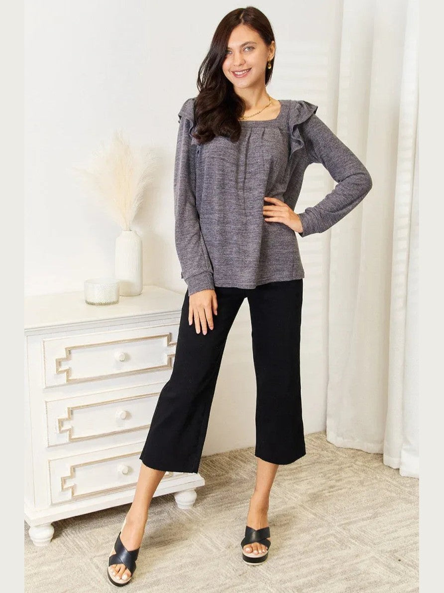Double Take Square Neck Ruffle Shoulder Long Sleeve T-Shirt -- 