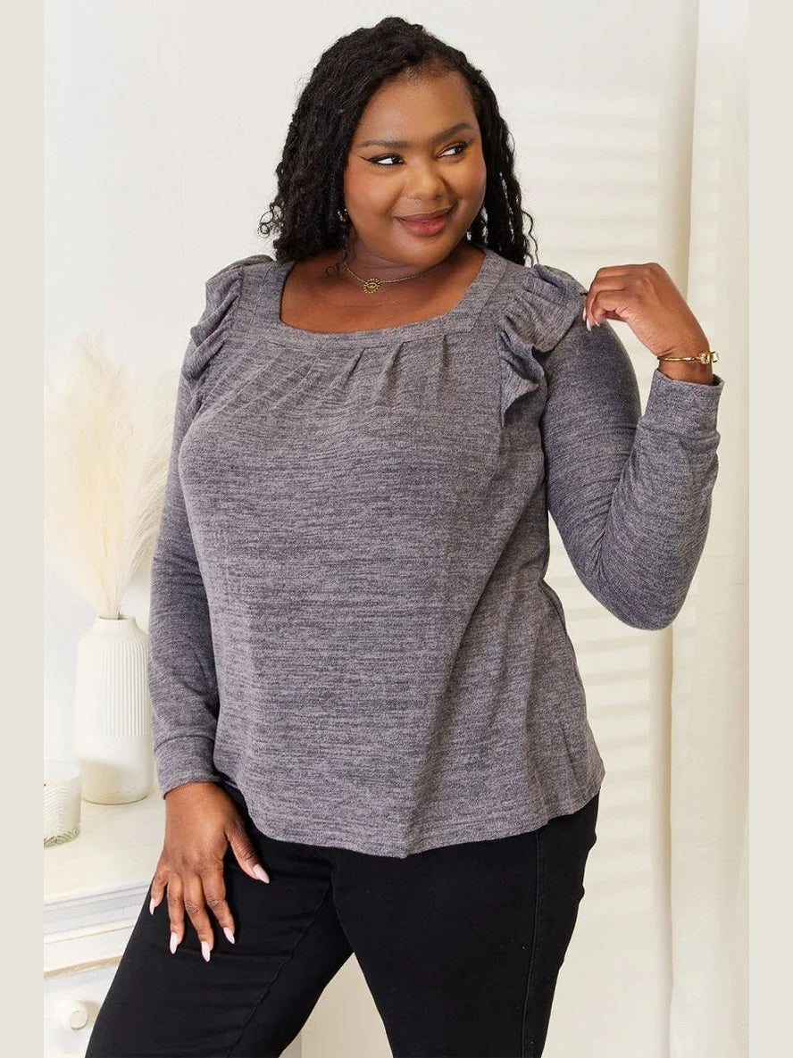 Double Take Square Neck Ruffle Shoulder Long Sleeve T-Shirt -- 