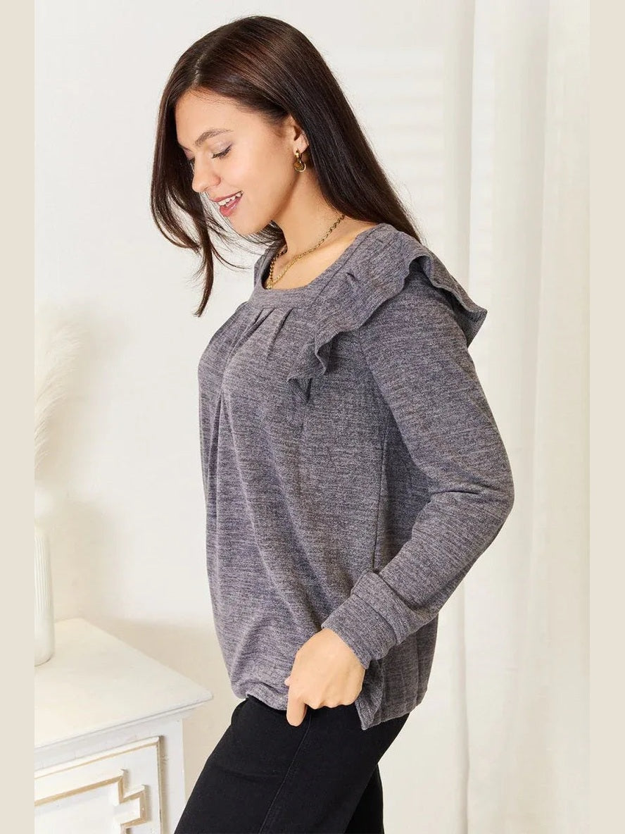 Double Take Square Neck Ruffle Shoulder Long Sleeve T-Shirt -- 