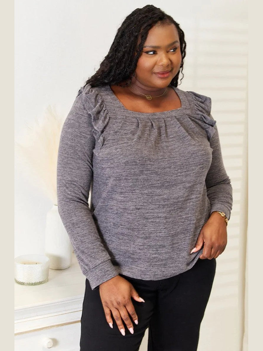 Double Take Square Neck Ruffle Shoulder Long Sleeve T-Shirt -- 