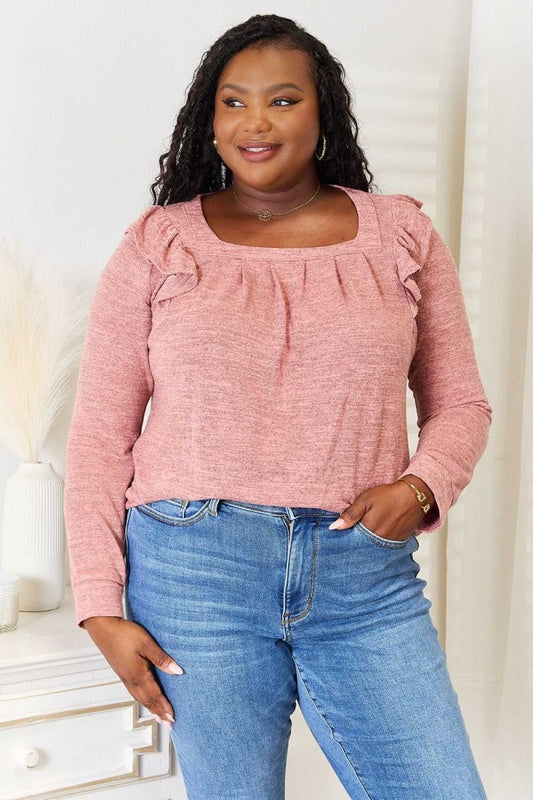 Double Take Square Neck Ruffle Shoulder Long Sleeve T-Shirt - Hopeford Streams