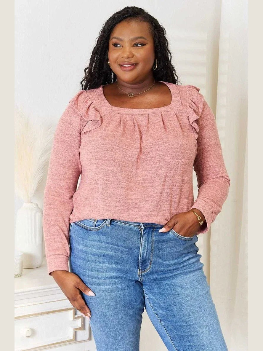 Double Take Square Neck Ruffle Shoulder Long Sleeve T-Shirt -- 