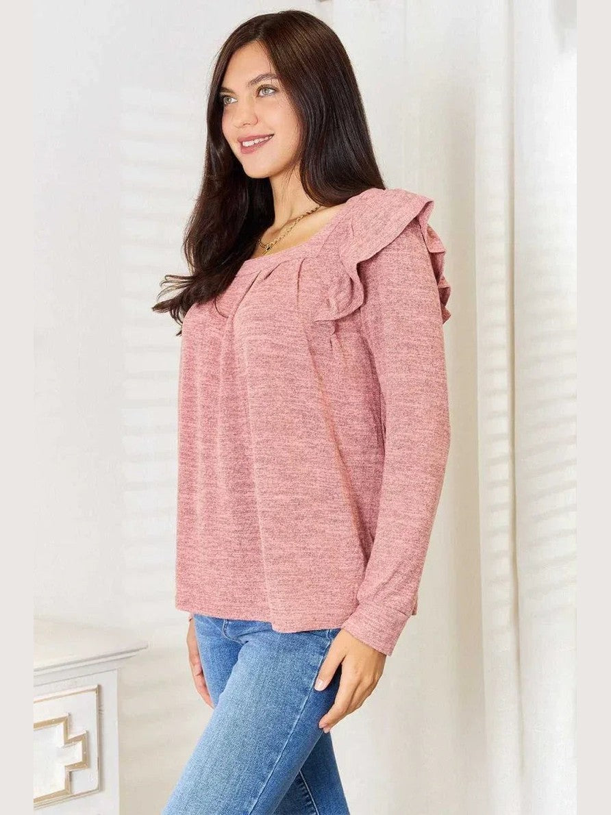 Double Take Square Neck Ruffle Shoulder Long Sleeve T-Shirt -- 