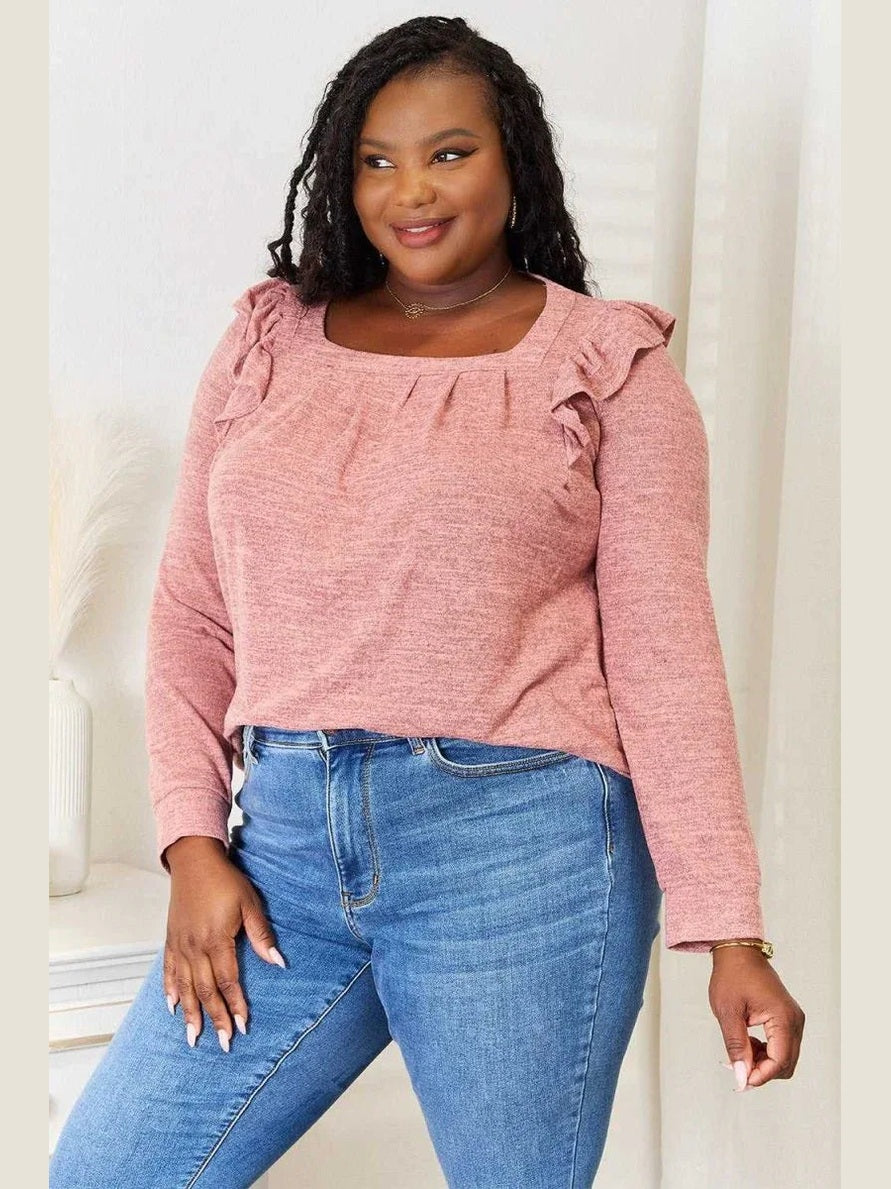 Double Take Square Neck Ruffle Shoulder Long Sleeve T-Shirt -- 