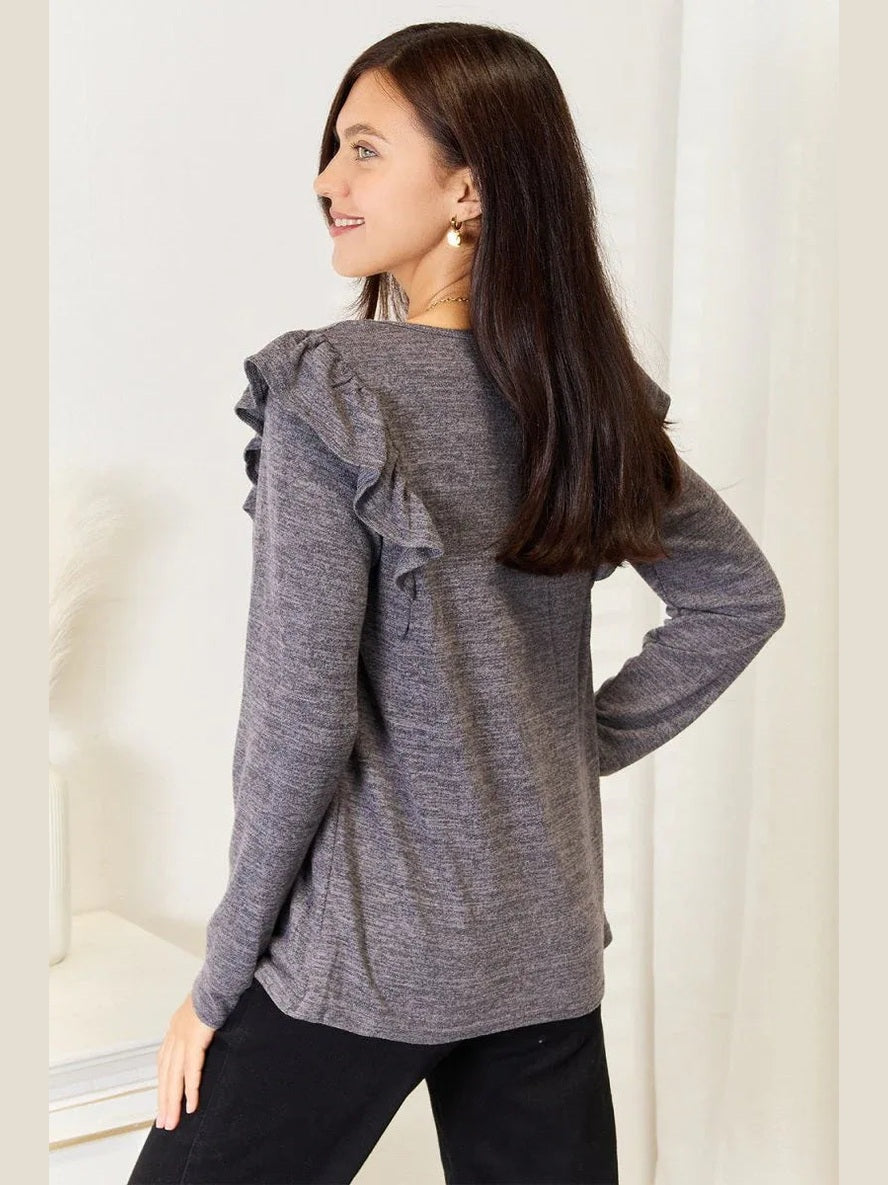 Double Take Square Neck Ruffle Shoulder Long Sleeve T-Shirt -- 