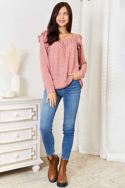 Double Take Square Neck Ruffle Shoulder Long Sleeve T-Shirt - Hopeford Streams
