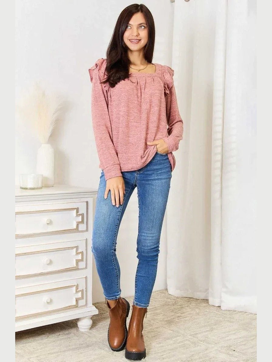 Double Take Square Neck Ruffle Shoulder Long Sleeve T-Shirt -- 