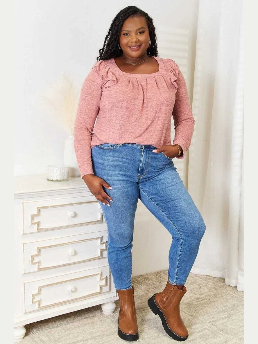Double Take Square Neck Ruffle Shoulder Long Sleeve T-Shirt -- 