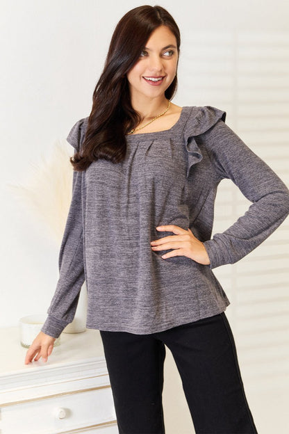 Double Take Square Neck Ruffle Shoulder Long Sleeve T-Shirt - Hopeford Streams