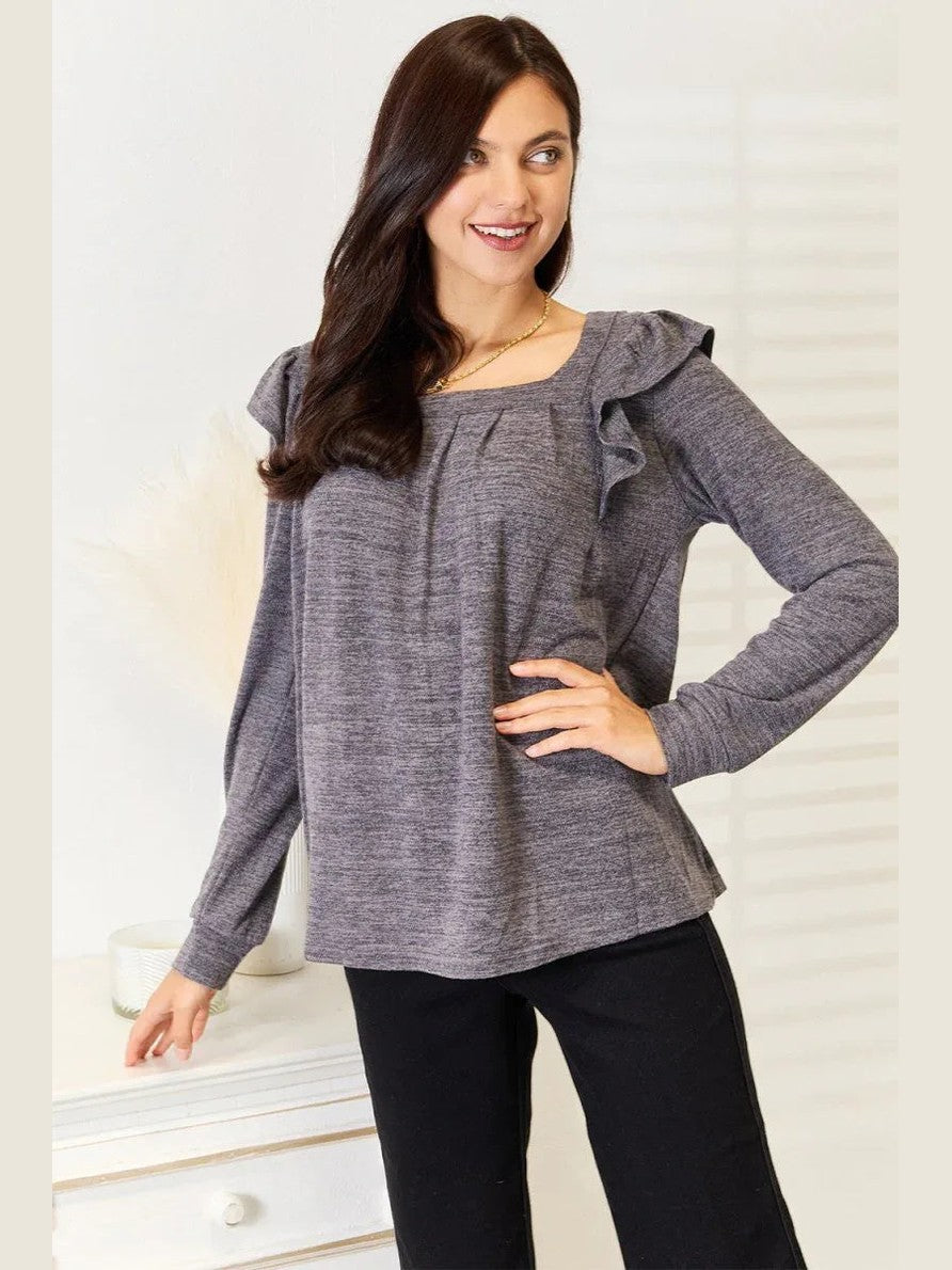 Double Take Square Neck Ruffle Shoulder Long Sleeve T-Shirt -- 