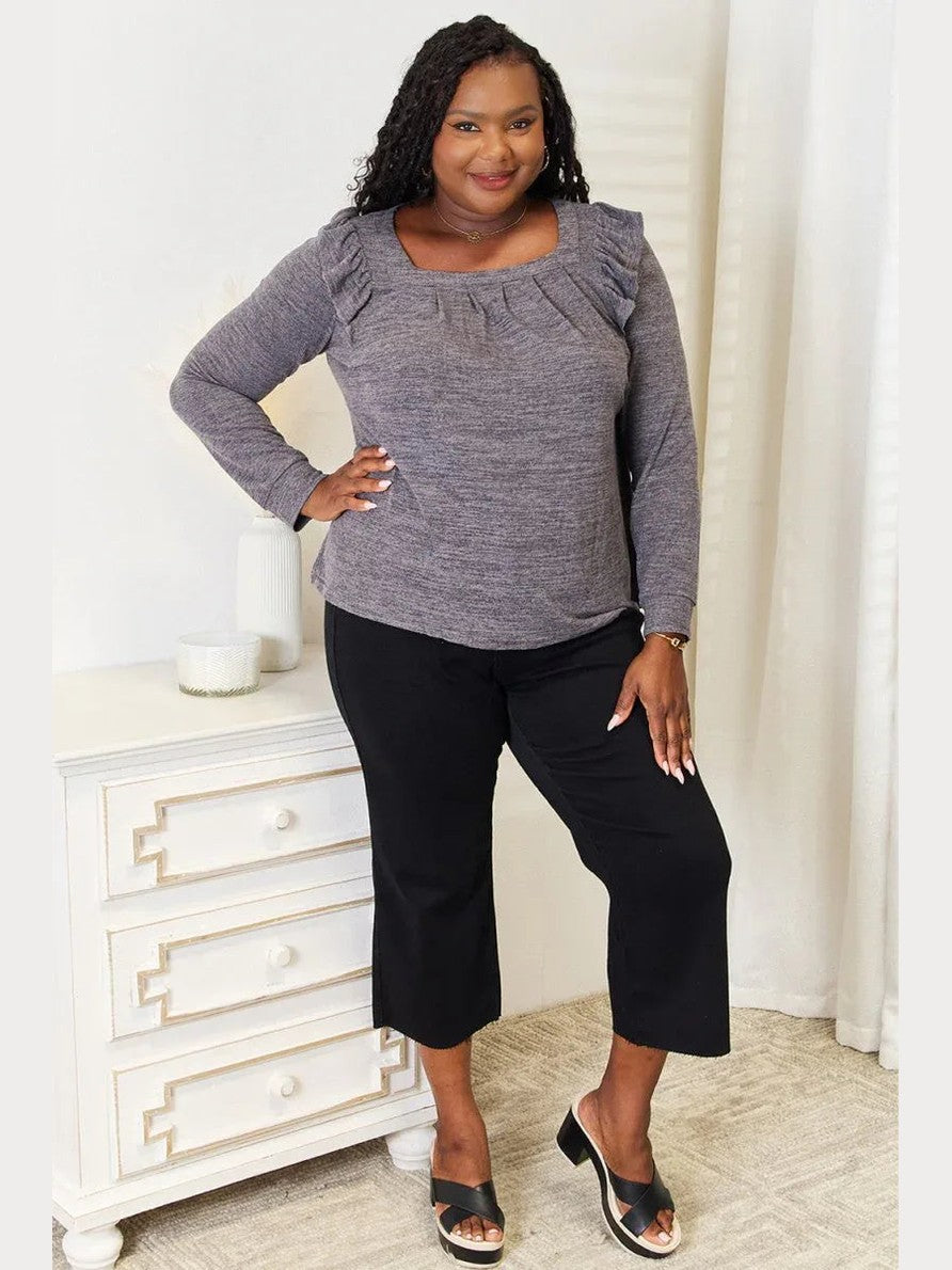 Double Take Square Neck Ruffle Shoulder Long Sleeve T-Shirt -- 