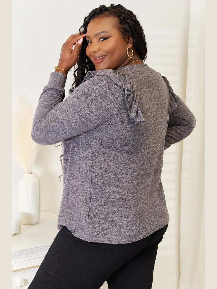 Double Take Square Neck Ruffle Shoulder Long Sleeve T-Shirt -- 