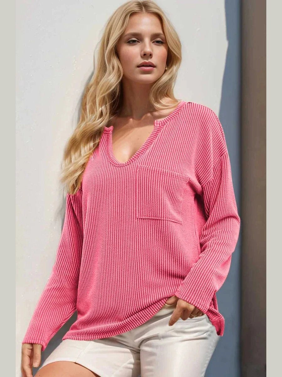Double Take Striped Notched Long Sleeve T-Shirt -- 