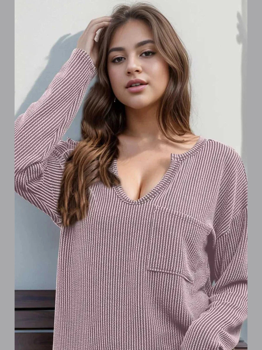 Double Take Striped Notched Long Sleeve T-Shirt -- 