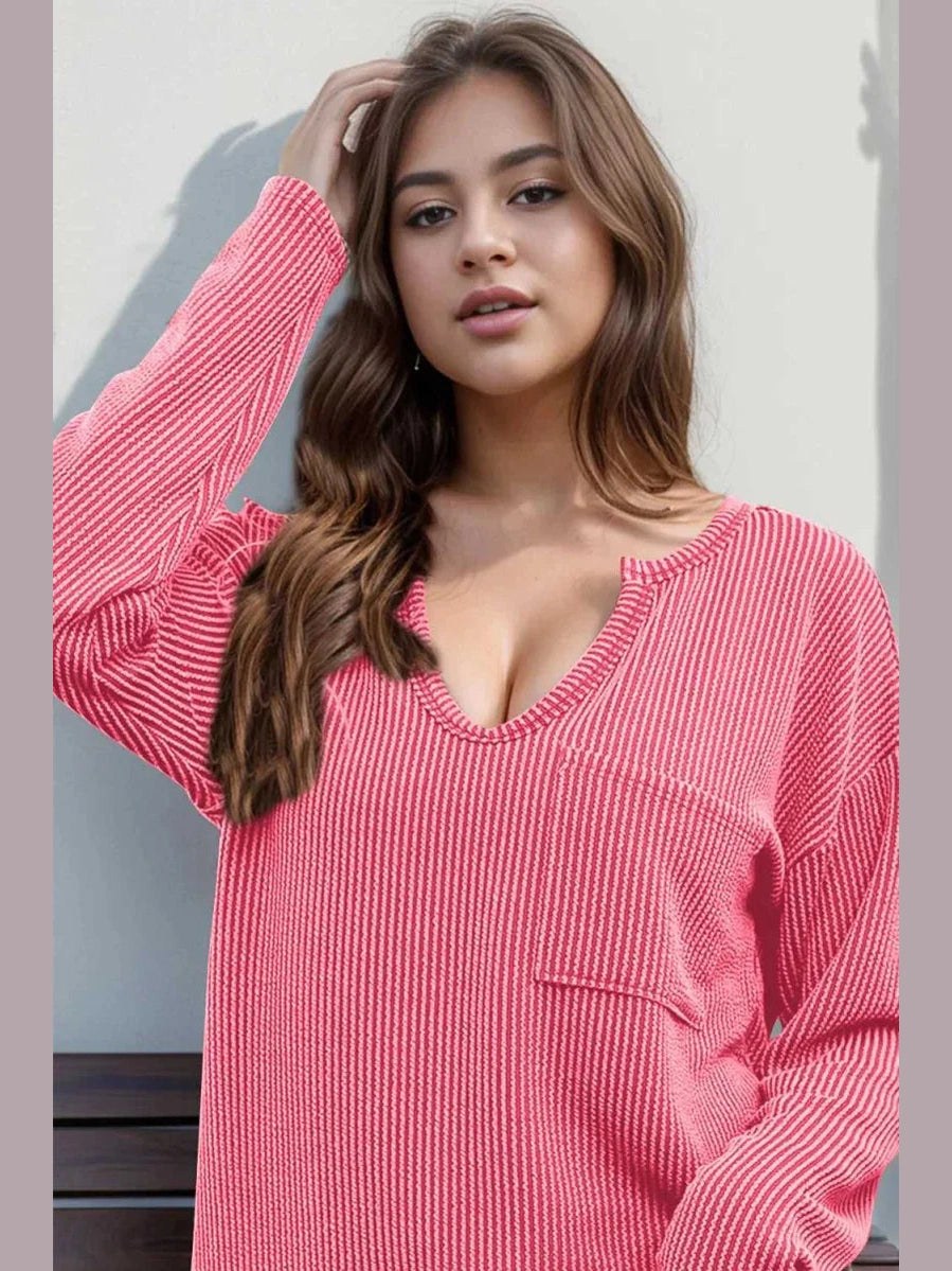 Double Take Striped Notched Long Sleeve T-Shirt -- 
