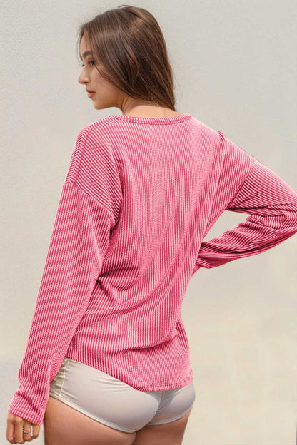 Double Take Striped Notched Long Sleeve T-Shirt - Hopeford Streams