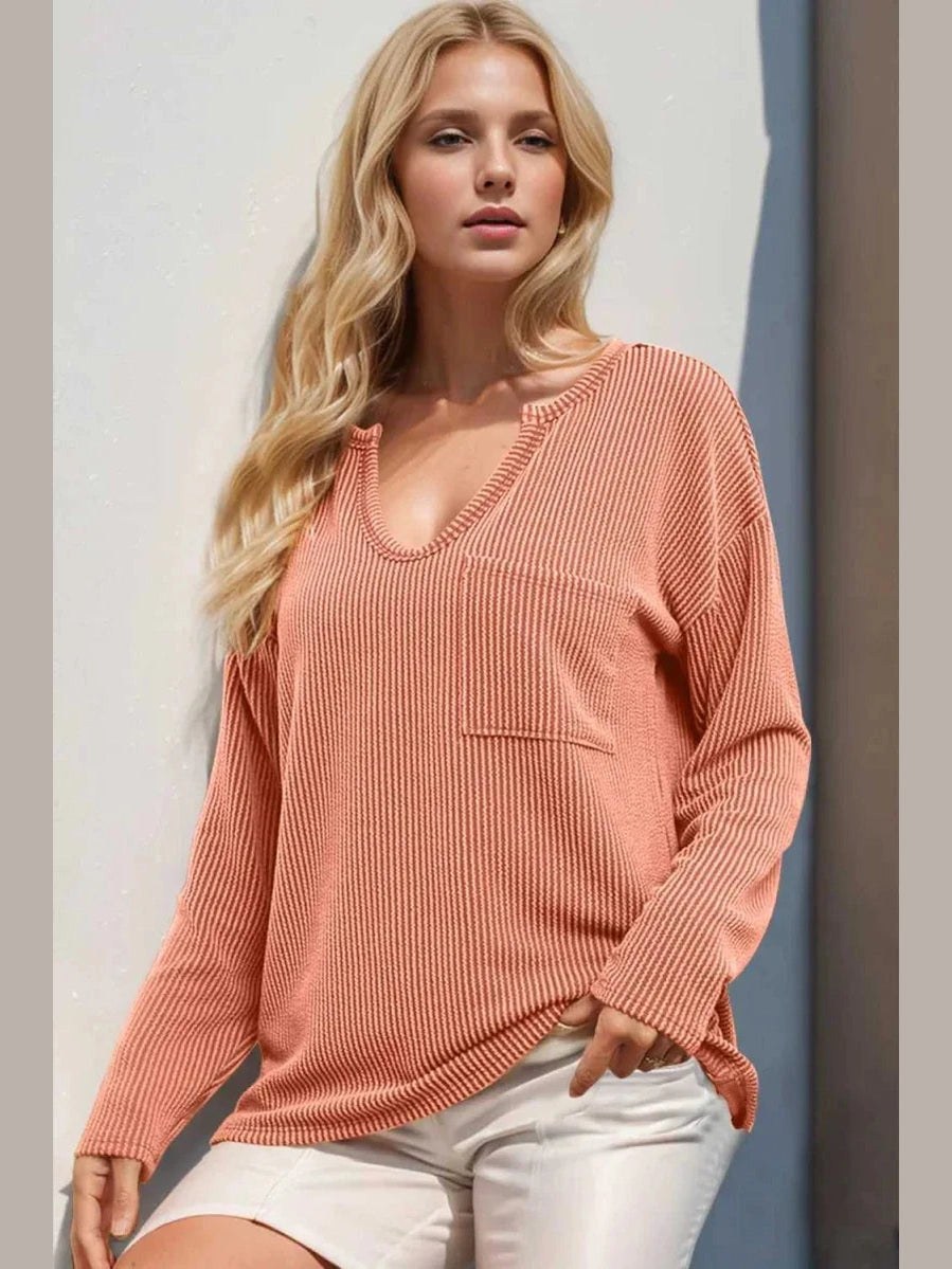 Double Take Striped Notched Long Sleeve T-Shirt -- 