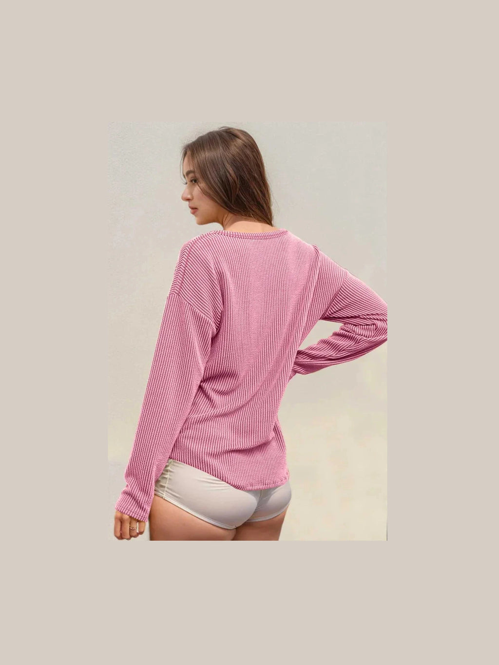 Double Take Striped Notched Long Sleeve T-Shirt -- 